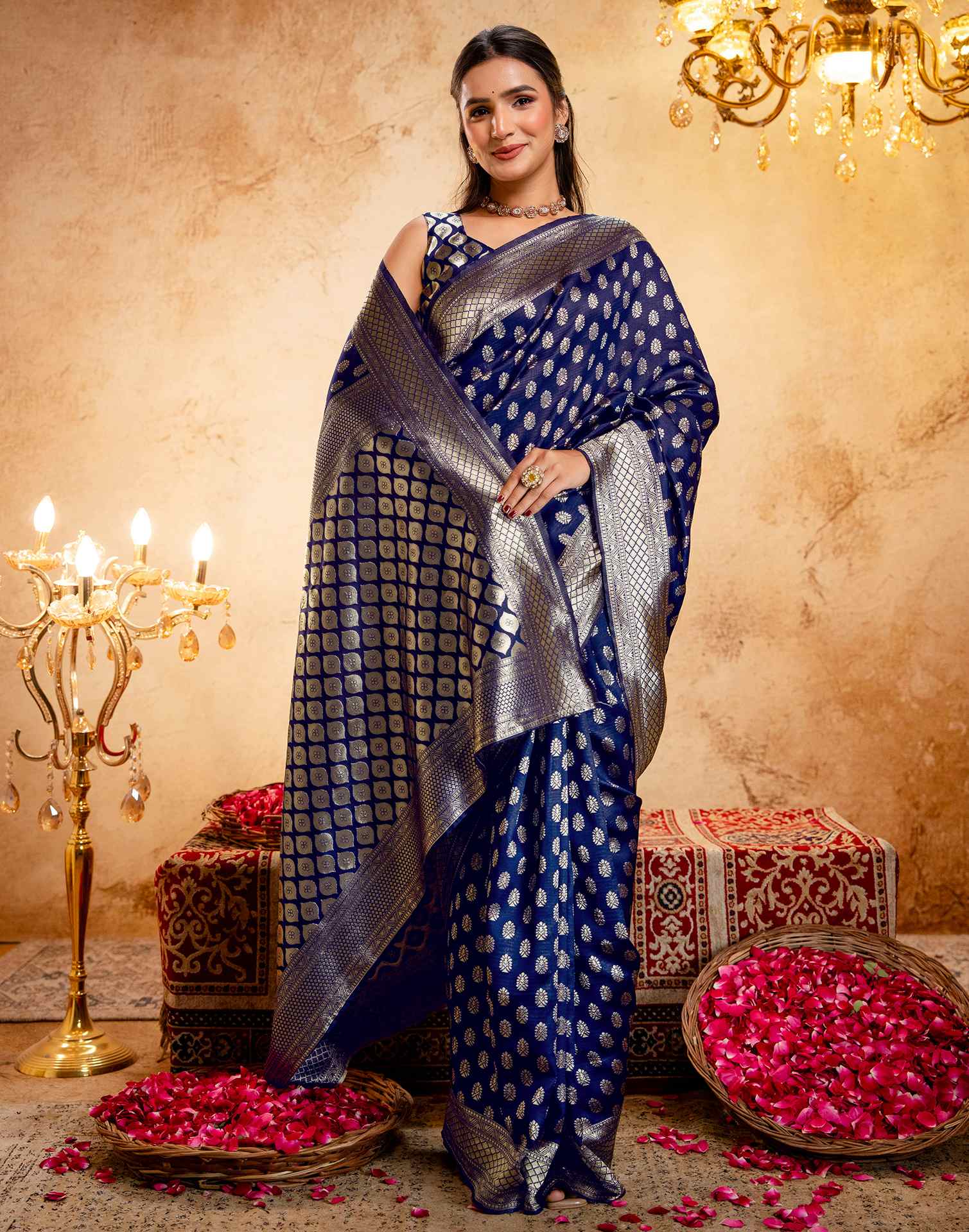 Navy Blue Silk Woven Banarasi Saree