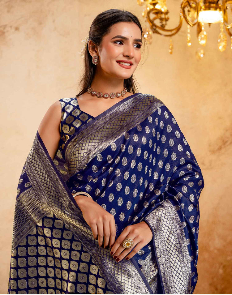 Navy Blue Silk Woven Banarasi Saree