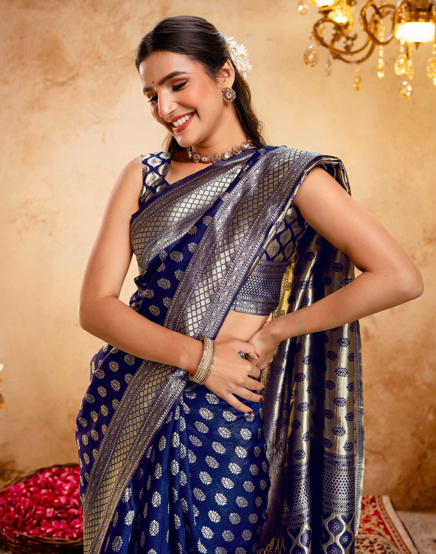 Navy Blue Silk Woven Banarasi Saree