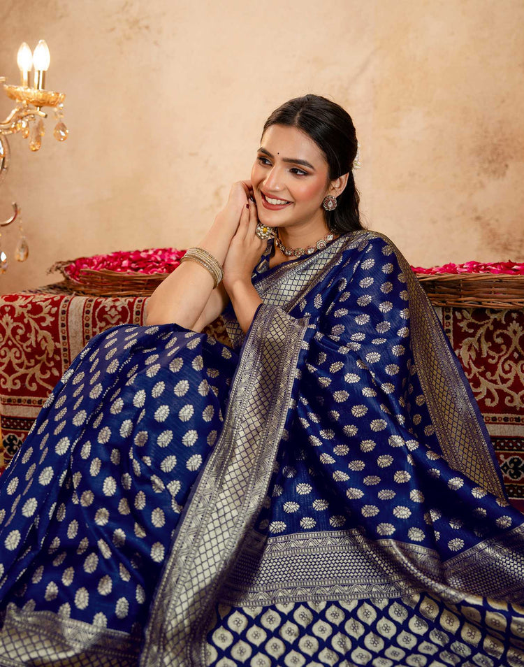 Navy Blue Silk Woven Banarasi Saree