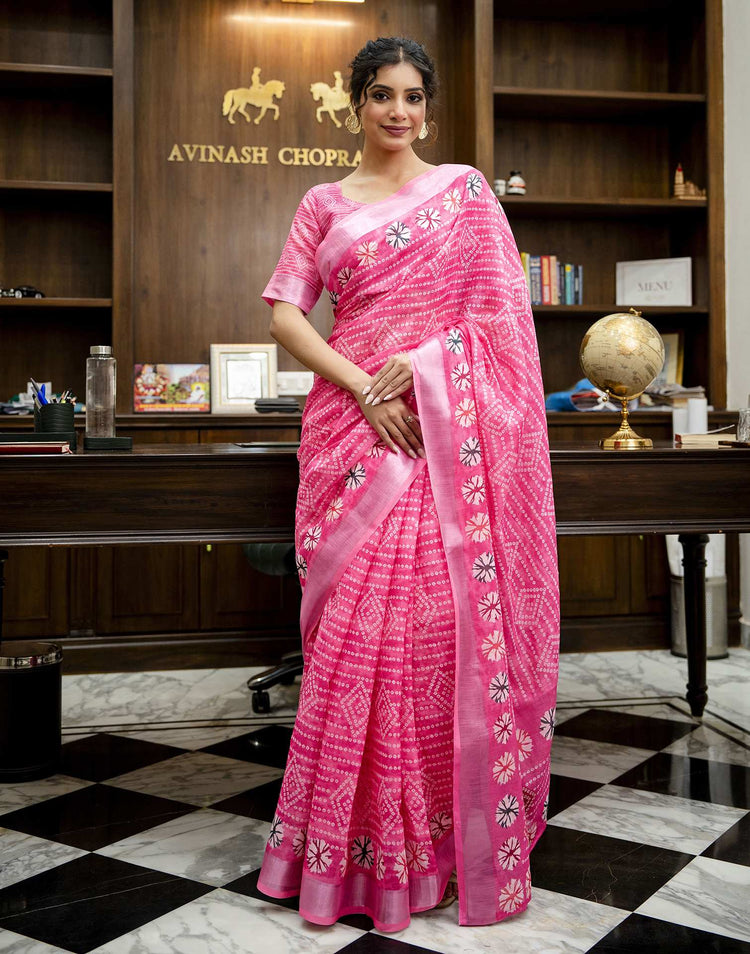Pink Linen Bandhani Printed Saree