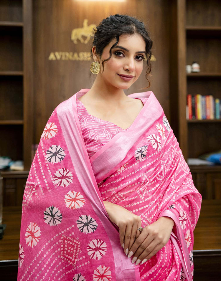 Pink Linen Bandhani Printed Saree