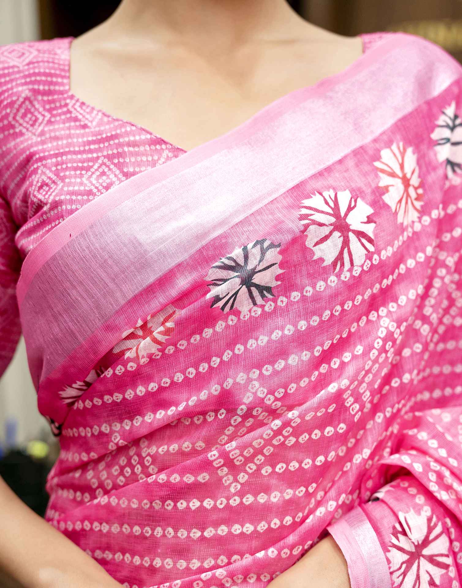 Pink Linen Bandhani Printed Saree