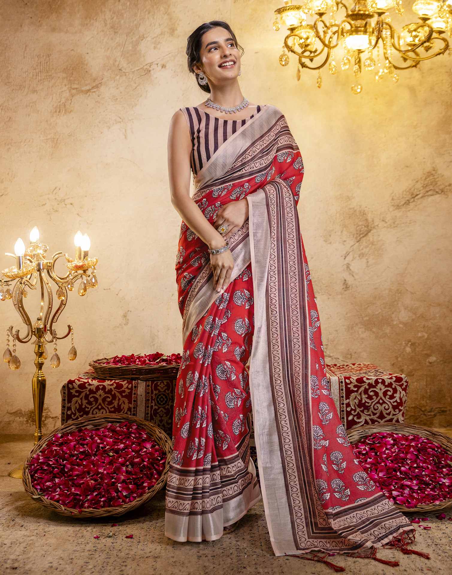 Coral Red Linen Printed Saree