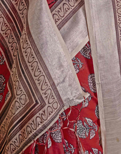 Coral Red Linen Printed Saree