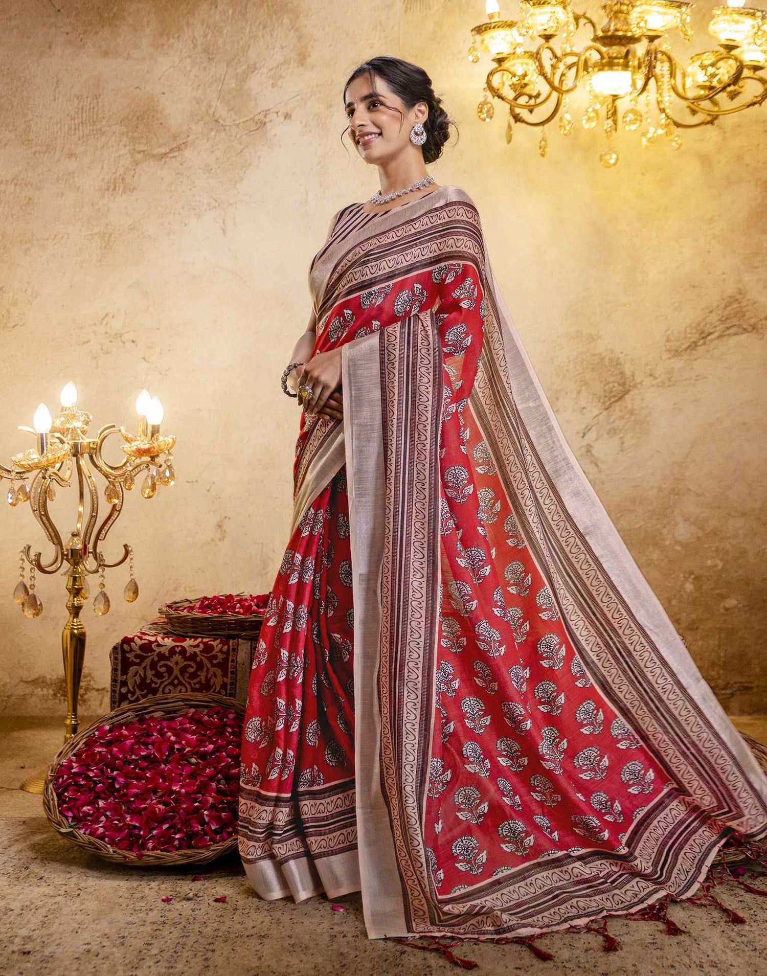 Coral Red Linen Printed Saree