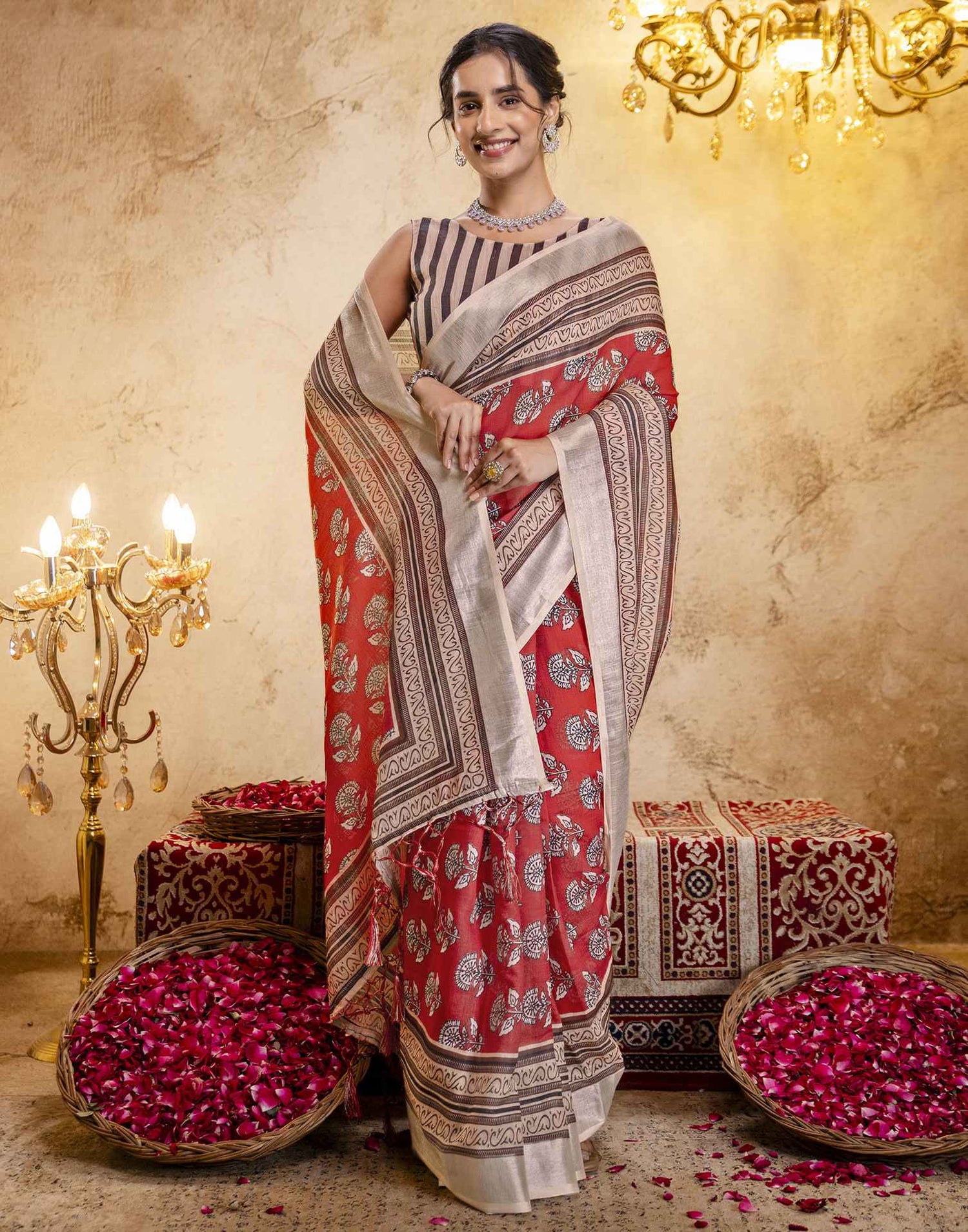 Coral Red Linen Printed Saree