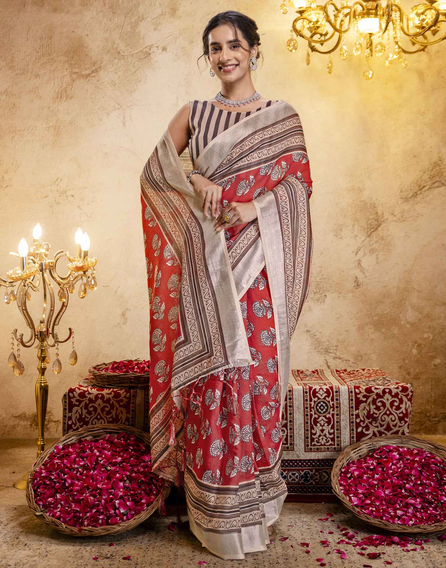 Coral Red Linen Printed Saree