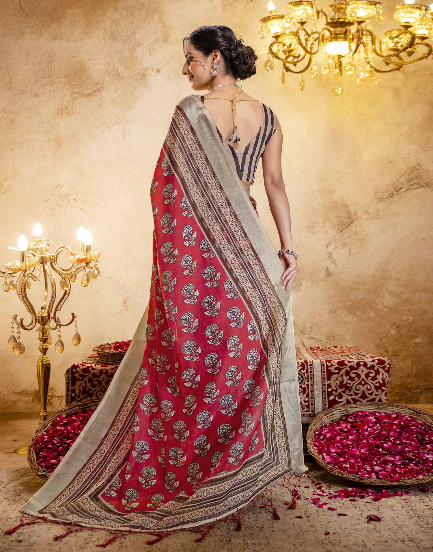 Coral Red Linen Printed Saree