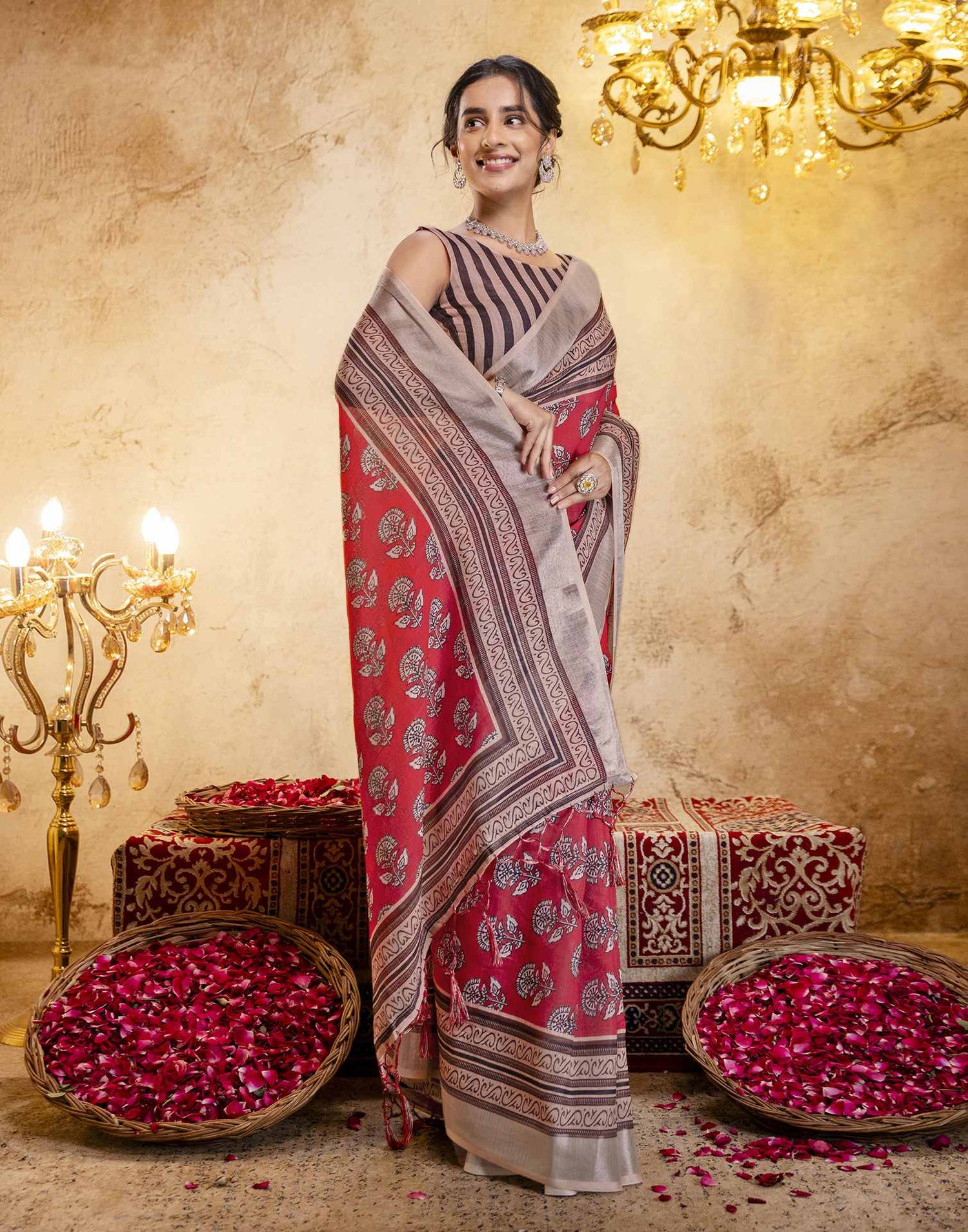 Coral Red Linen Printed Saree