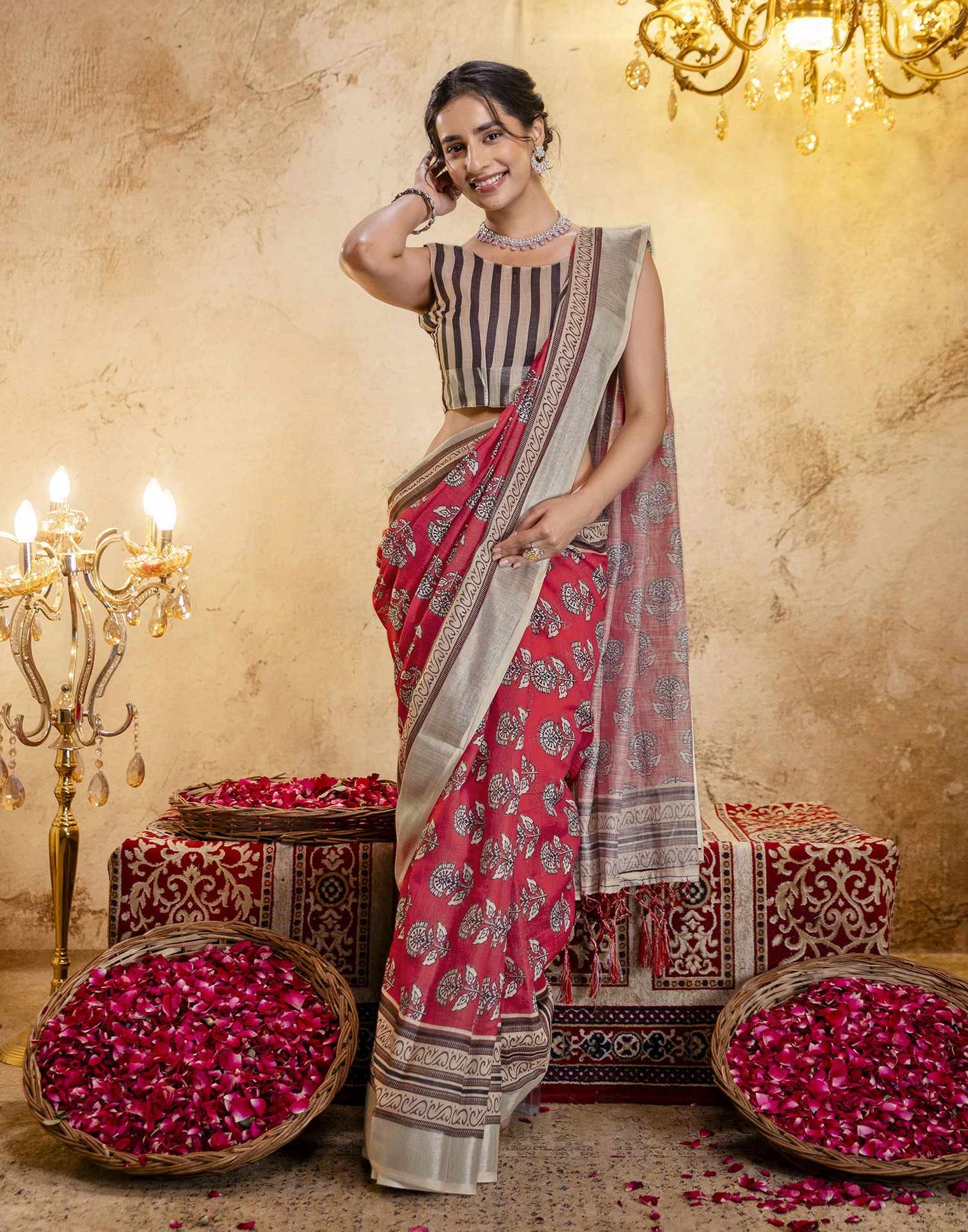 Coral Red Linen Printed Saree