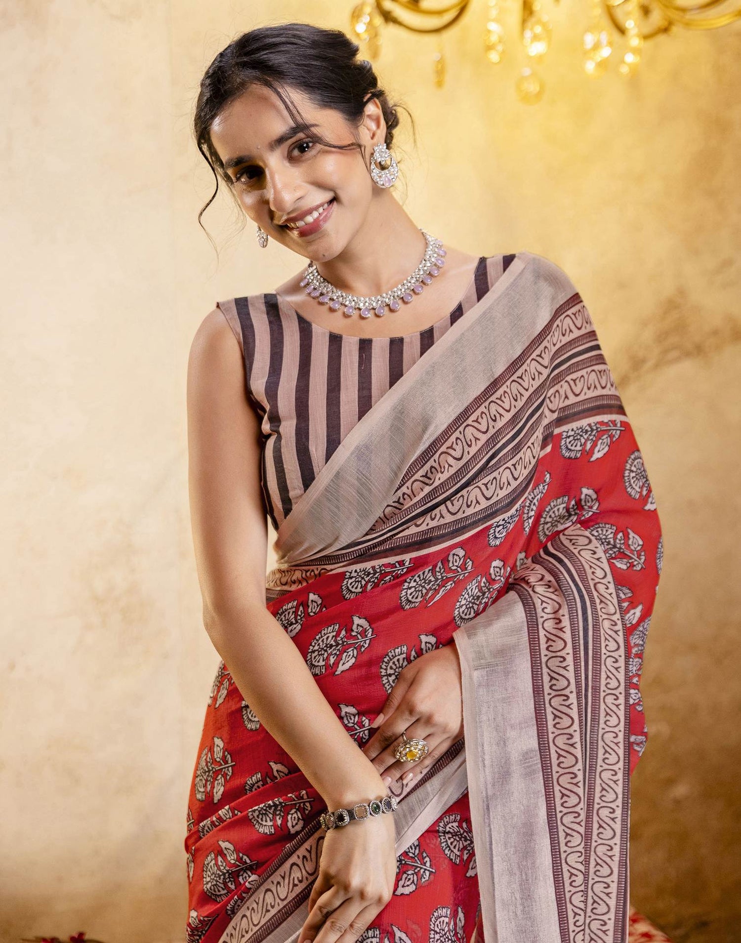 Coral Red Linen Printed Saree