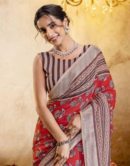 Coral Red Linen Printed Saree