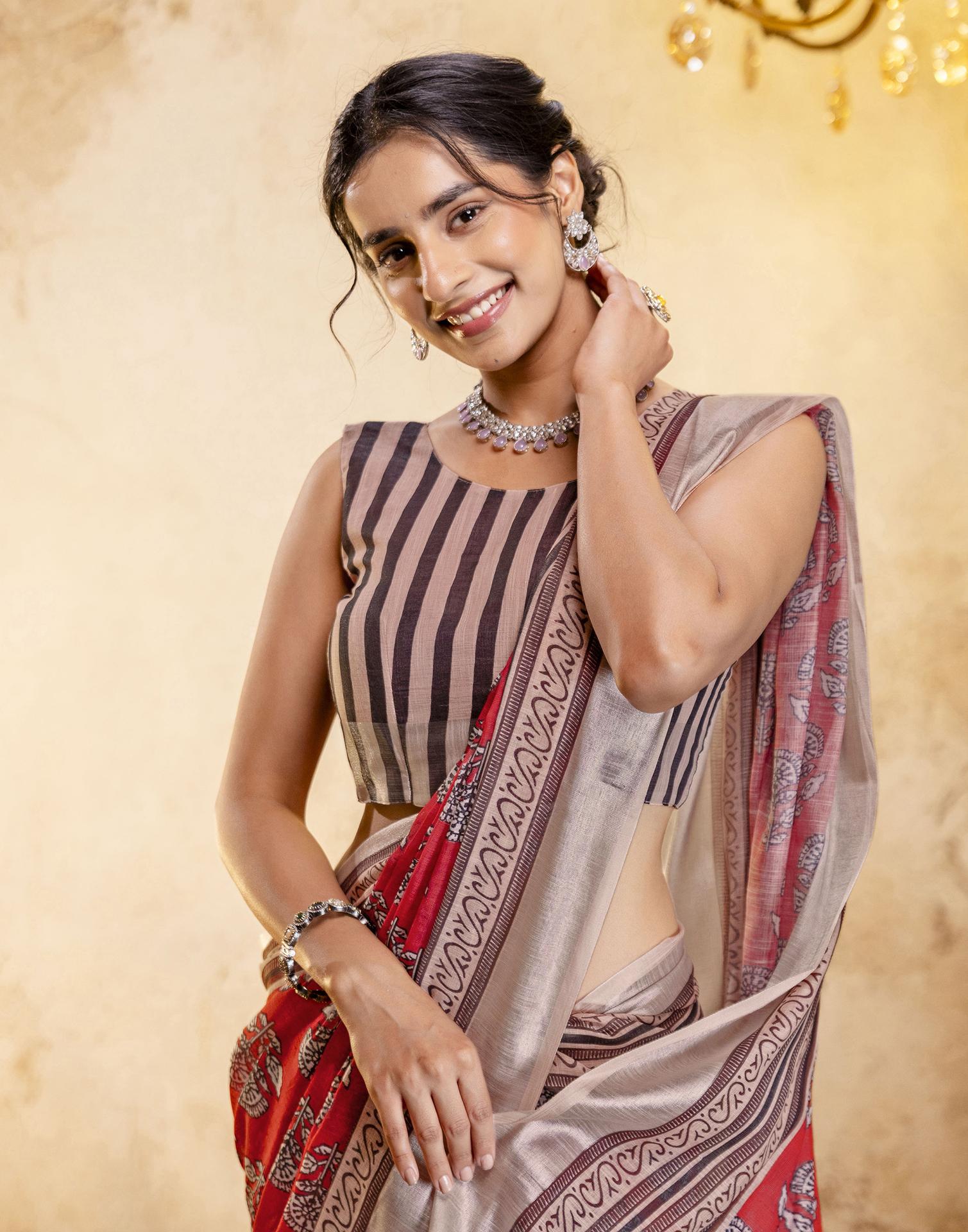 Coral Red Linen Printed Saree