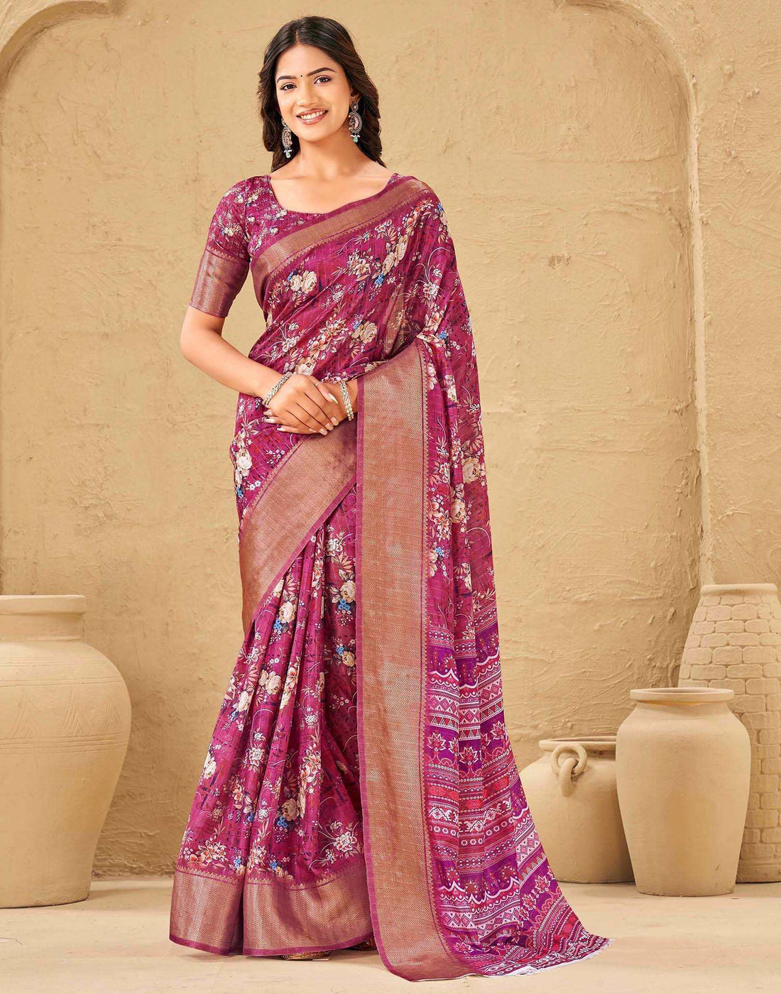 Magenta Silk Floral Printed Woven Border Saree