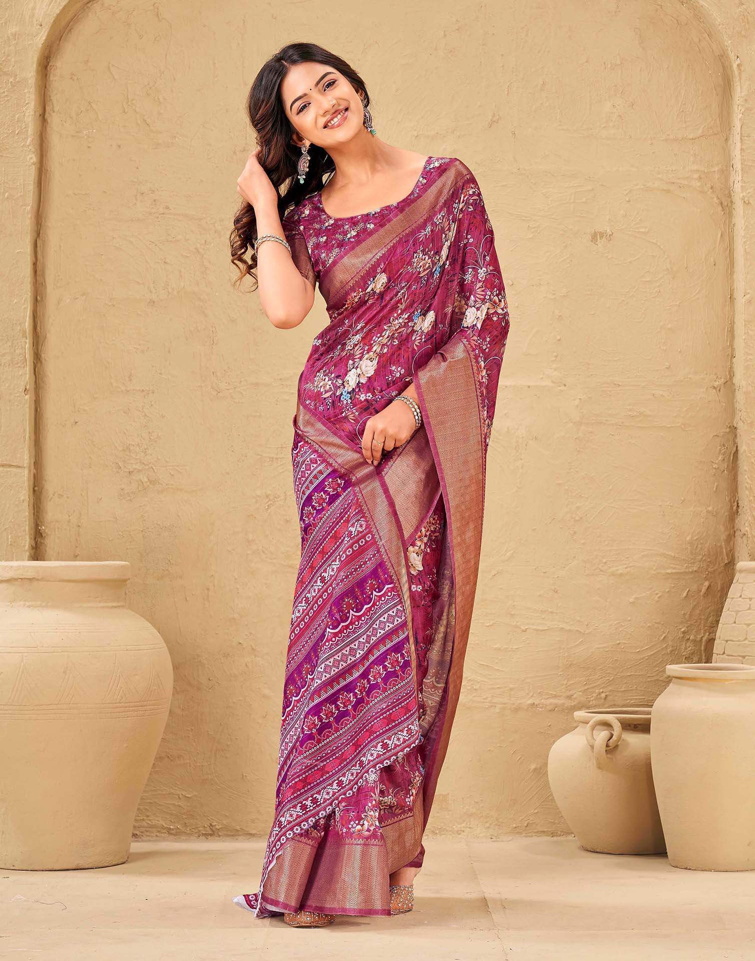 Magenta Silk Floral Printed Woven Border Saree