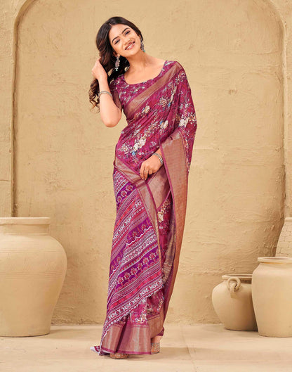 Magenta Silk Floral Printed Woven Border Saree