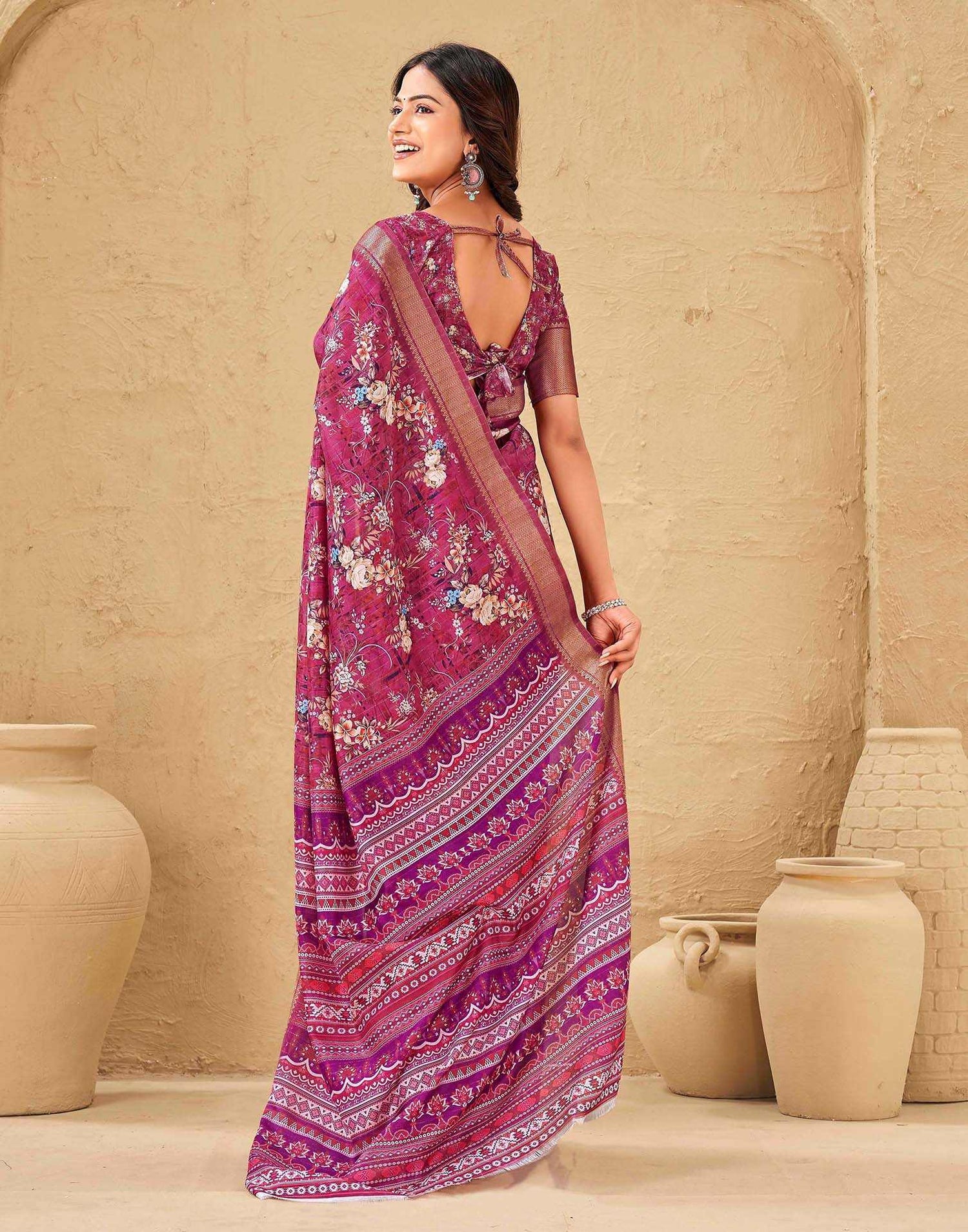 Magenta Silk Floral Printed Woven Border Saree