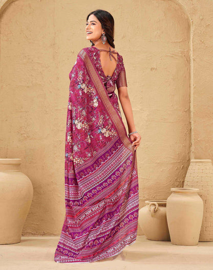 Magenta Silk Floral Printed Woven Border Saree