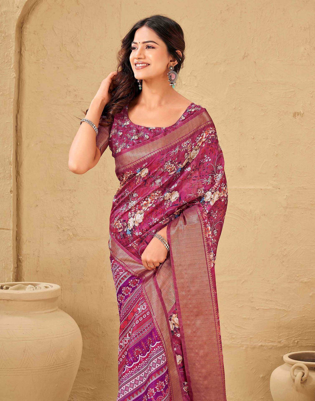 Magenta Silk Floral Printed Woven Border Saree