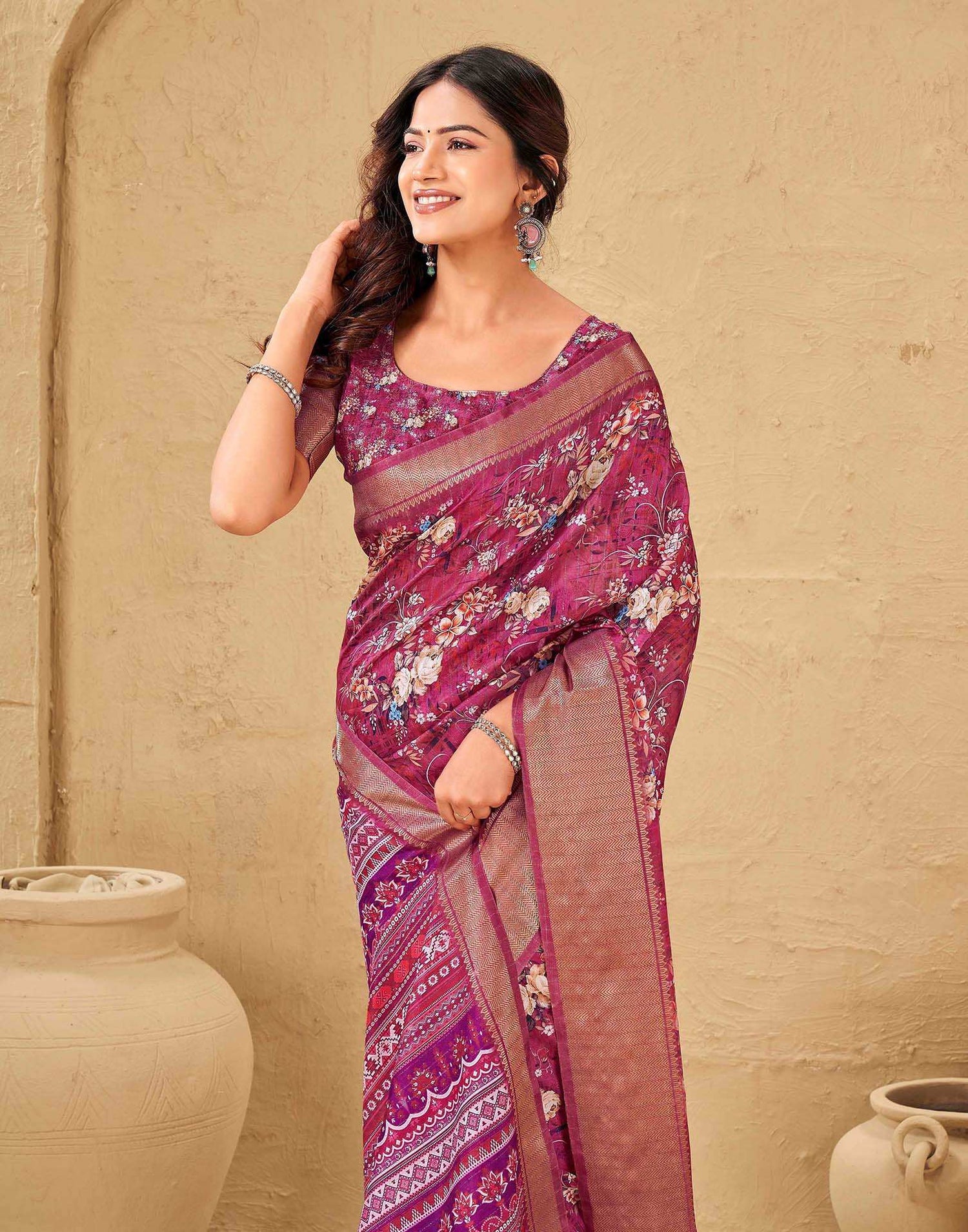 Magenta Silk Floral Printed Woven Border Saree