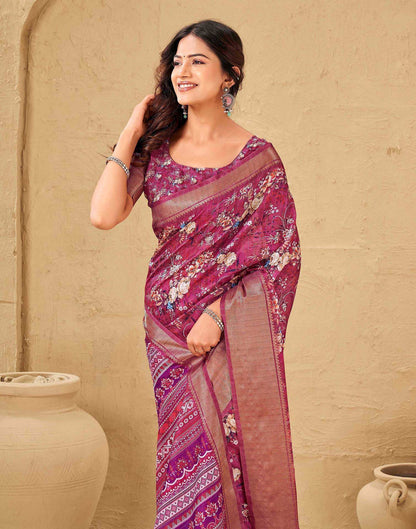 Magenta Silk Floral Printed Woven Border Saree