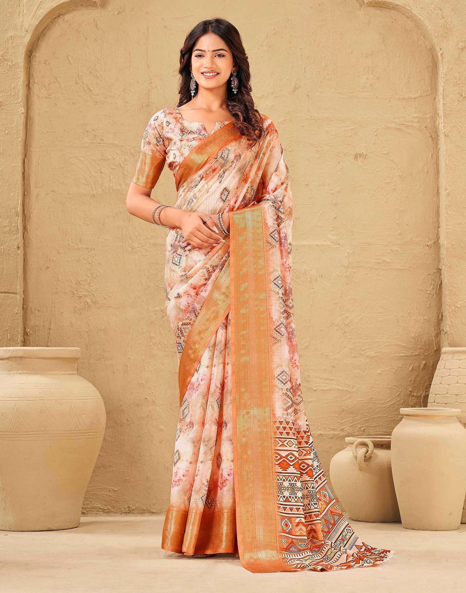 Peach Silk Printed Woven Border Saree