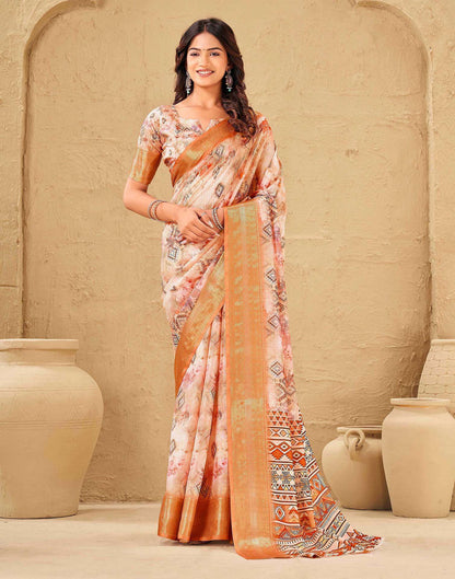 Peach Silk Printed Woven Border Saree