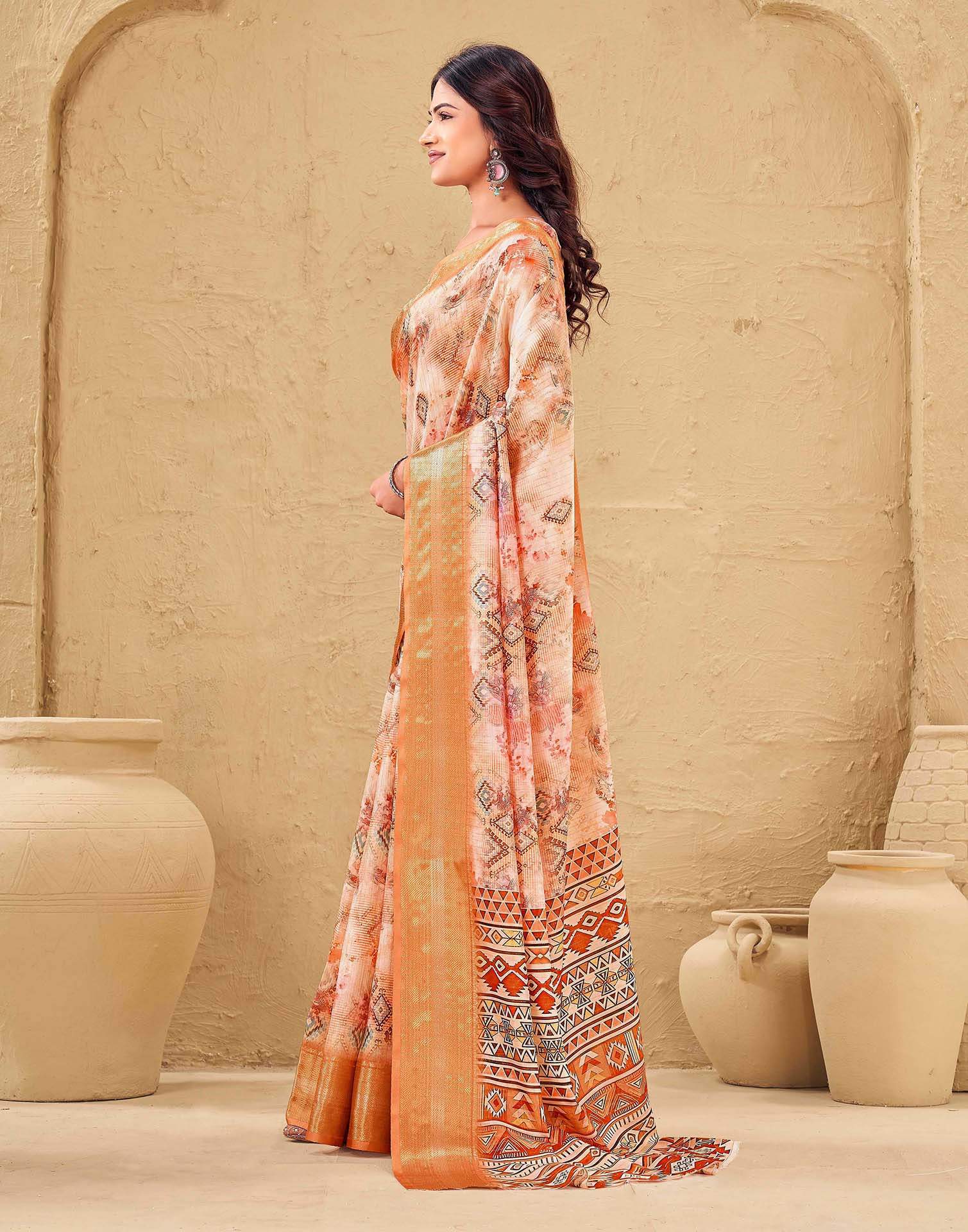 Peach Silk Printed Woven Border Saree