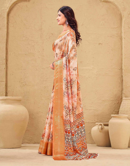 Peach Silk Printed Woven Border Saree