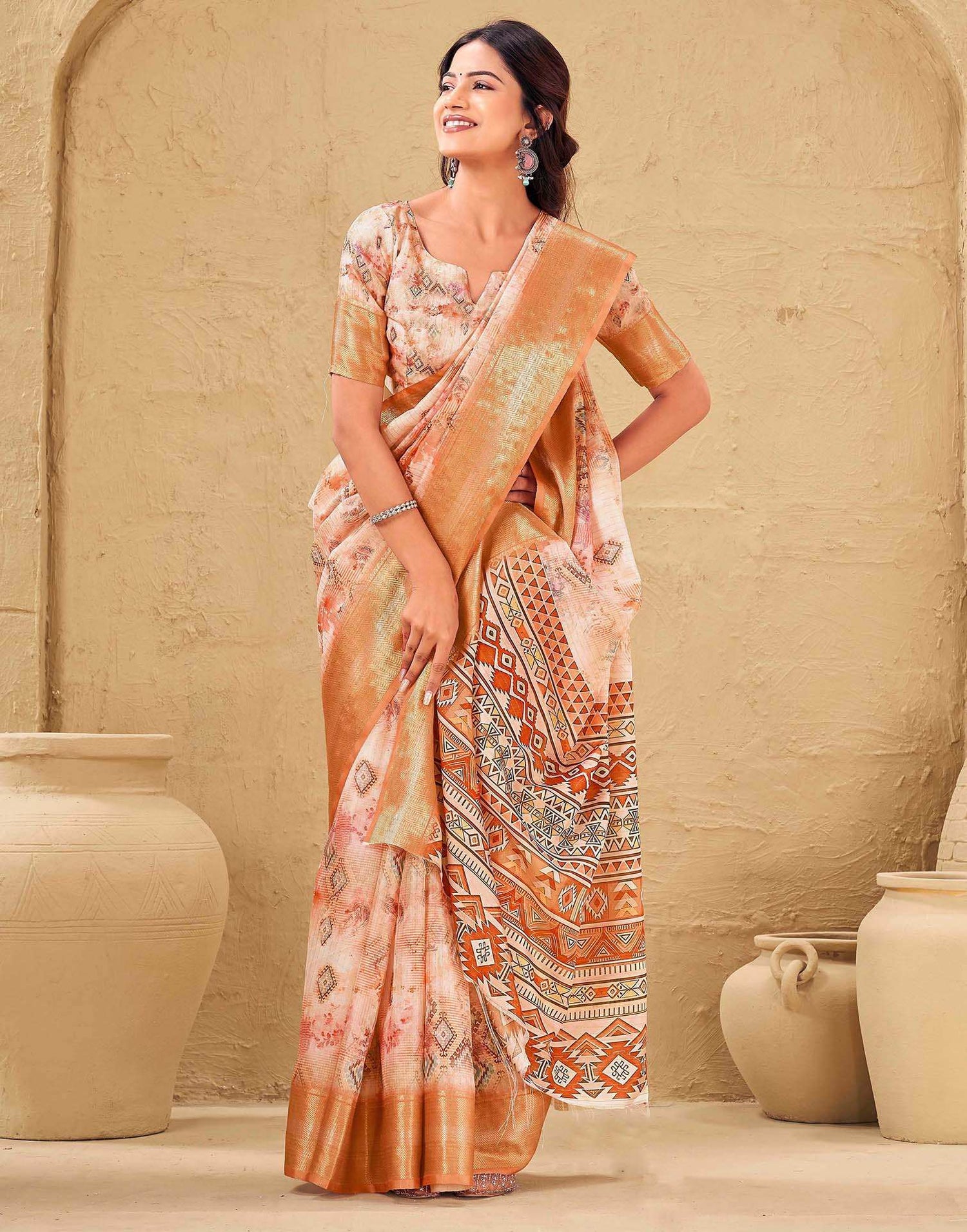 Peach Silk Printed Woven Border Saree