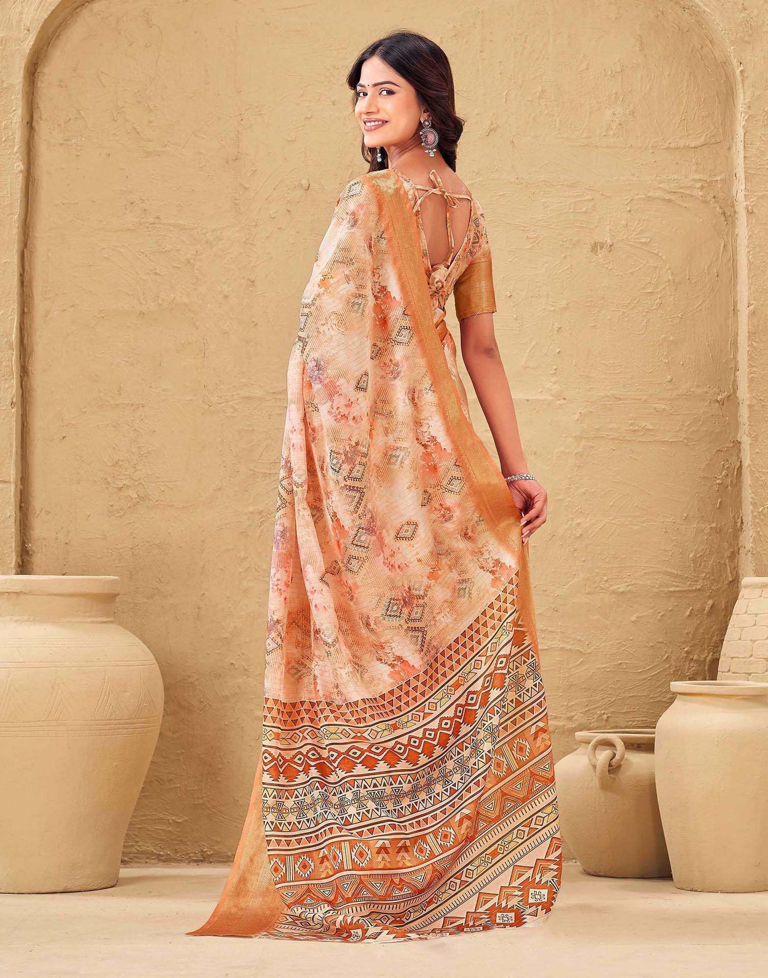 Peach Silk Printed Woven Border Saree