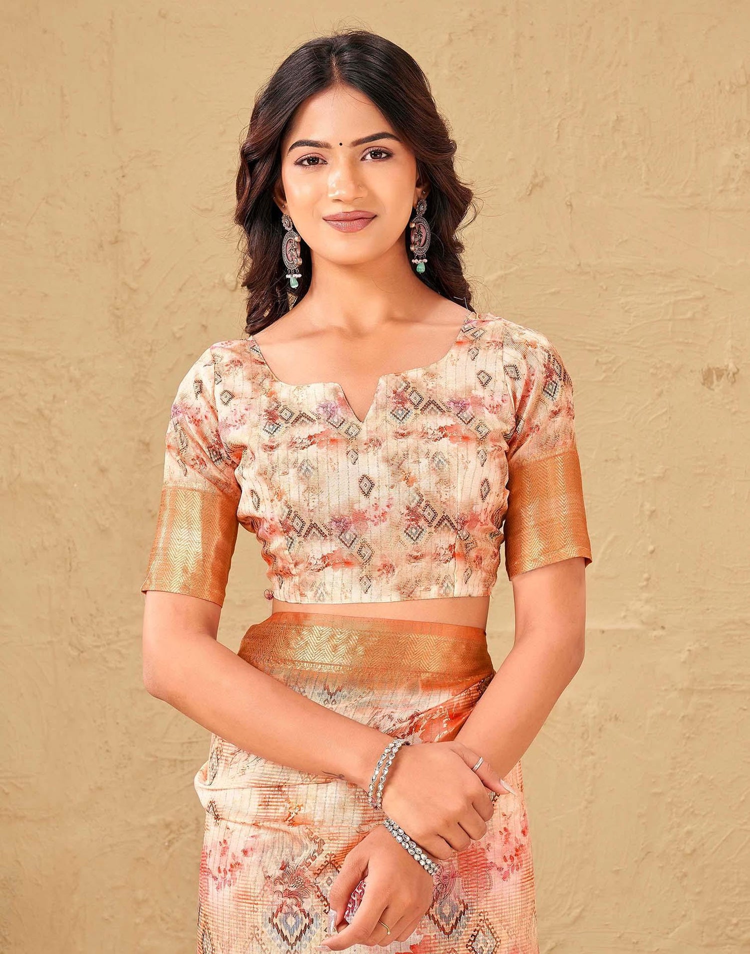 Peach Silk Printed Woven Border Saree