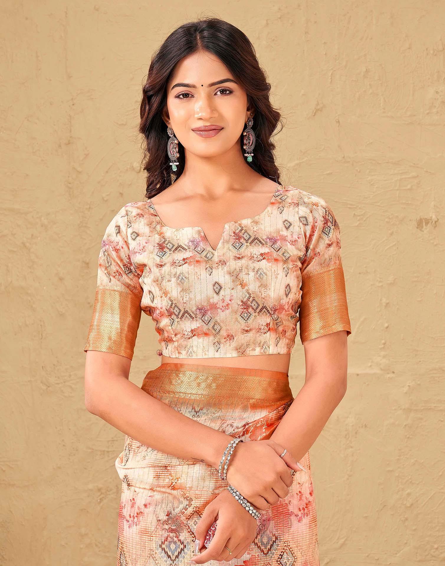 Peach Silk Printed Woven Border Saree