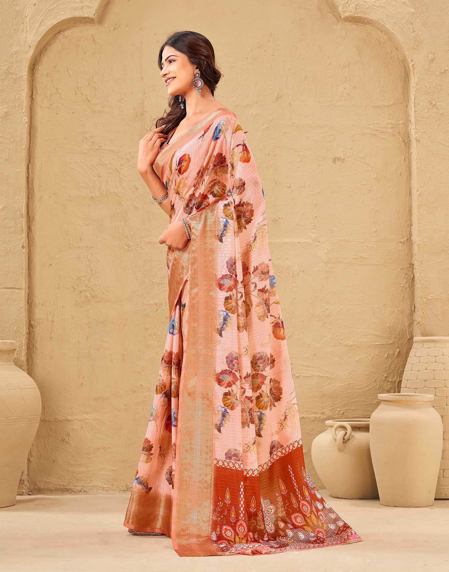 Light Pink Silk Floral Printed Woven Border Saree