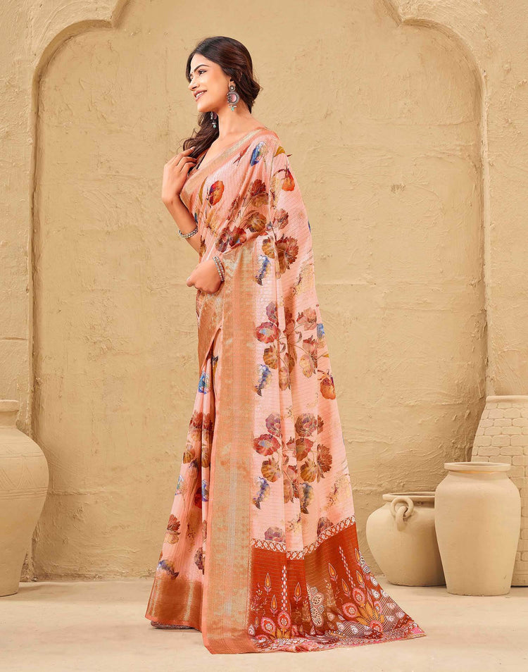 Light Pink Silk Floral Printed Woven Border Saree