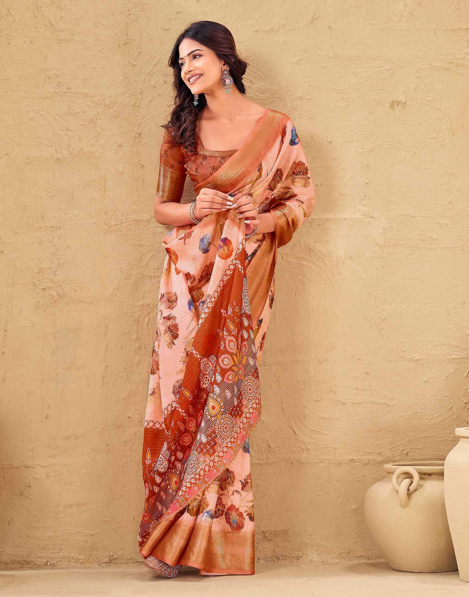 Light Pink Silk Floral Printed Woven Border Saree