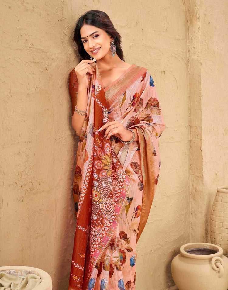 Light Pink Silk Floral Printed Woven Border Saree