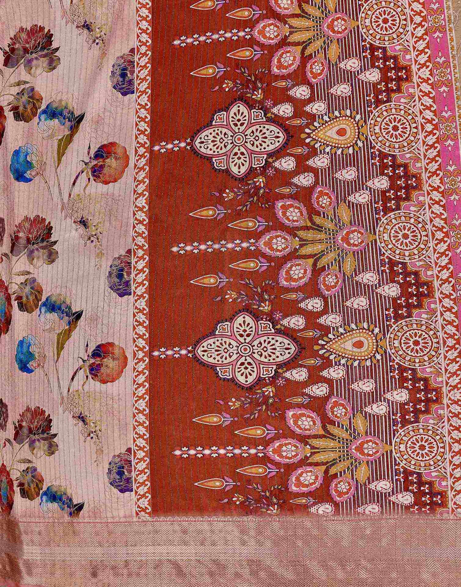 Light Pink Silk Floral Printed Woven Border Saree