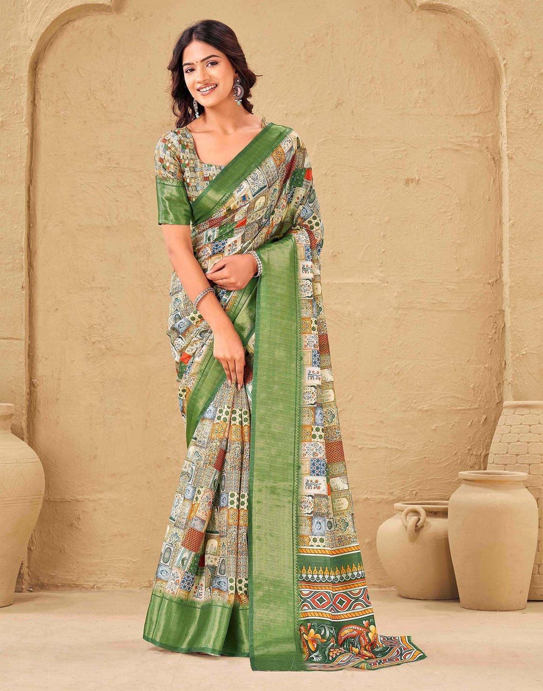 Multicoloured Silk Printed Woven Border Saree