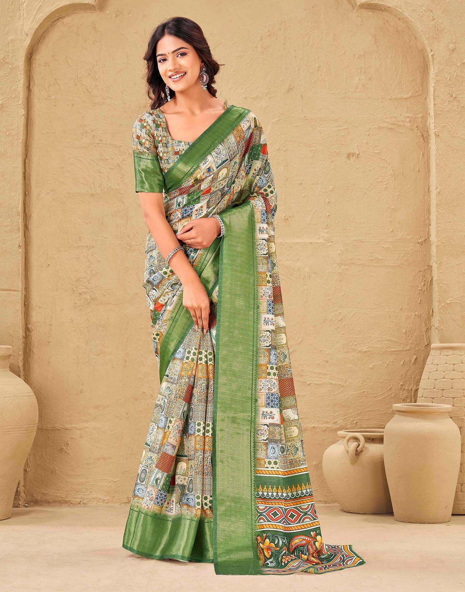 Multicoloured Silk Printed Woven Border Saree