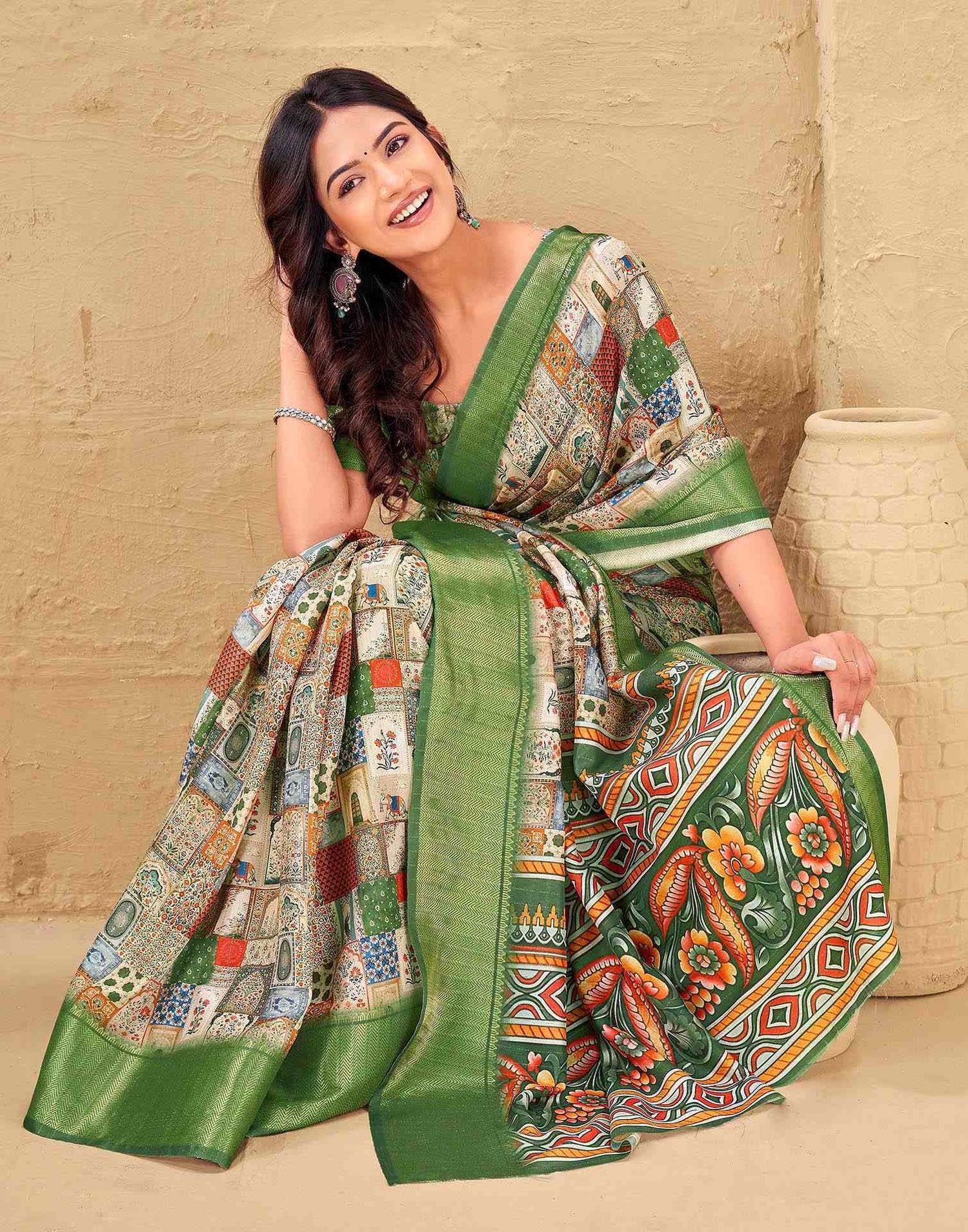 Multicoloured Silk Printed Woven Border Saree
