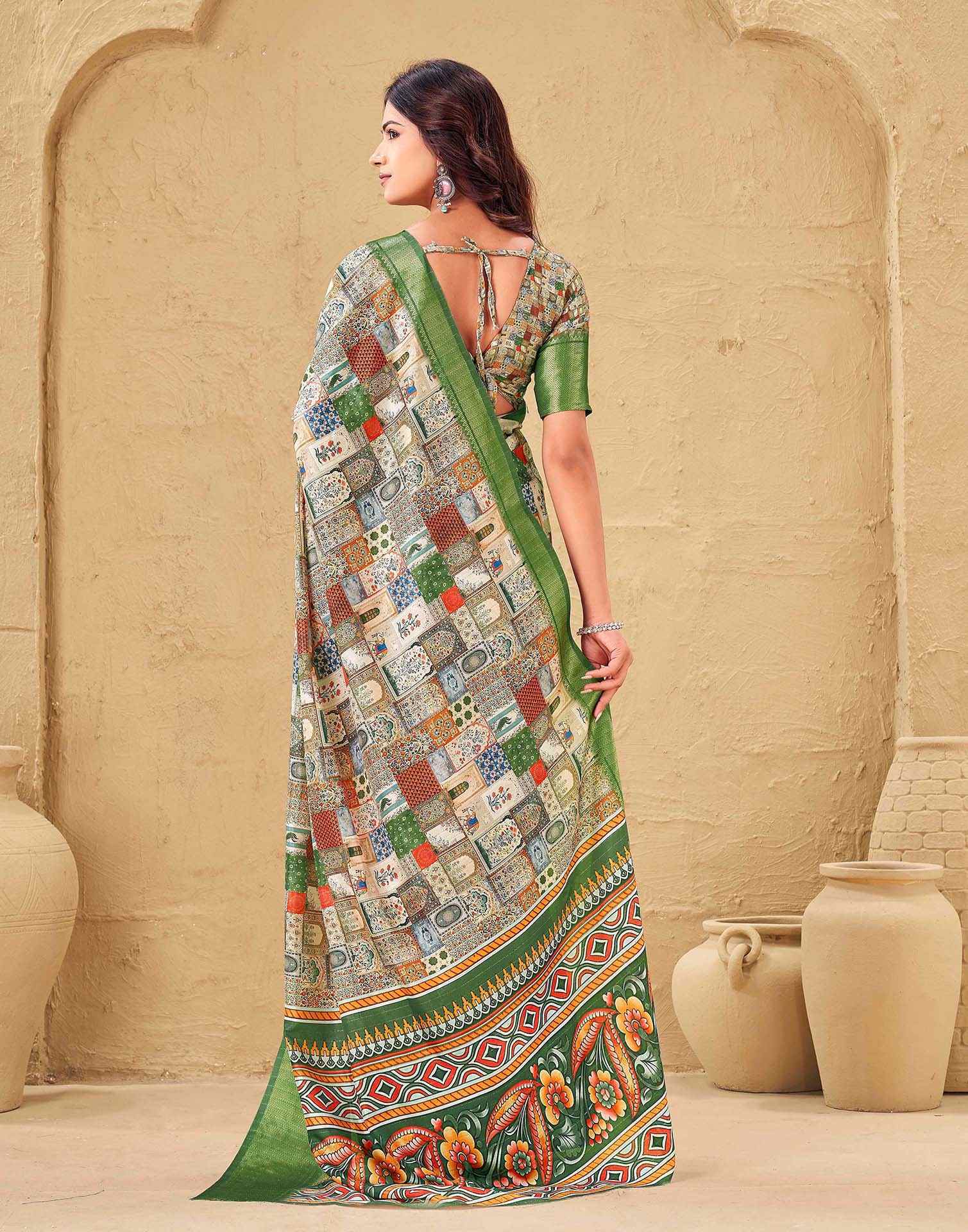 Multicoloured Silk Printed Woven Border Saree