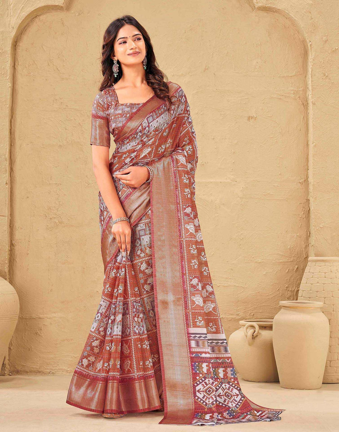 Rust Silk Printed Woven Border Saree