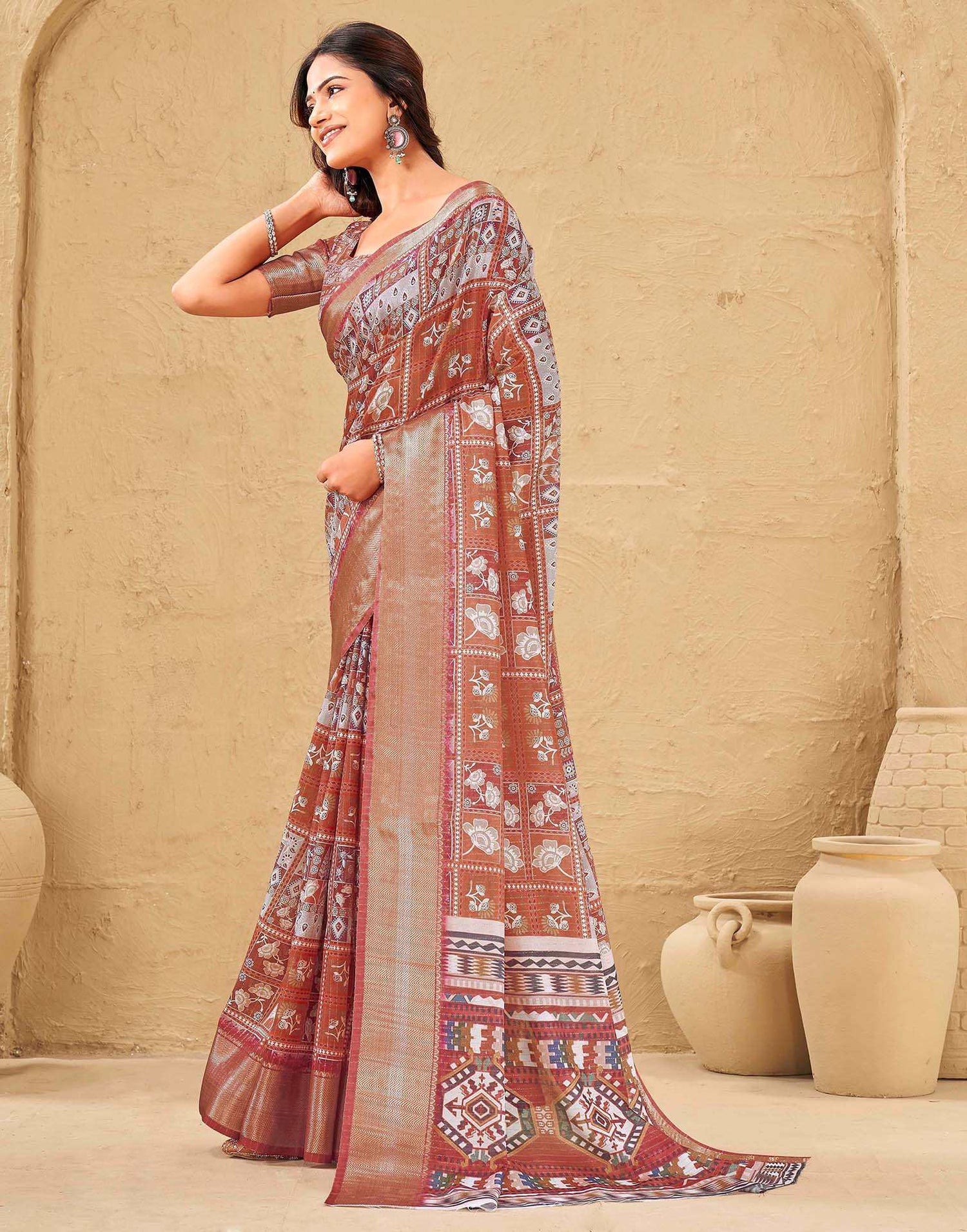 Rust Silk Printed Woven Border Saree