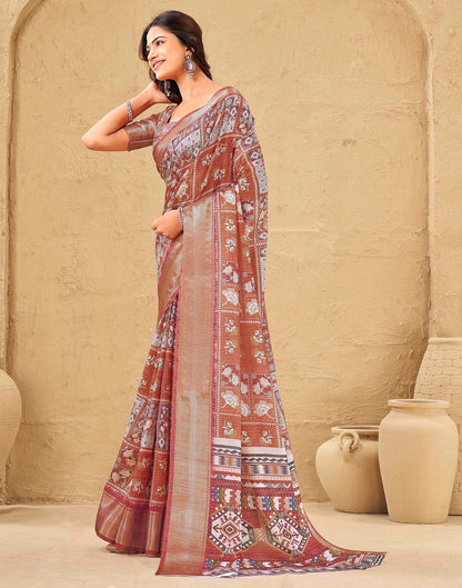 Rust Silk Printed Woven Border Saree