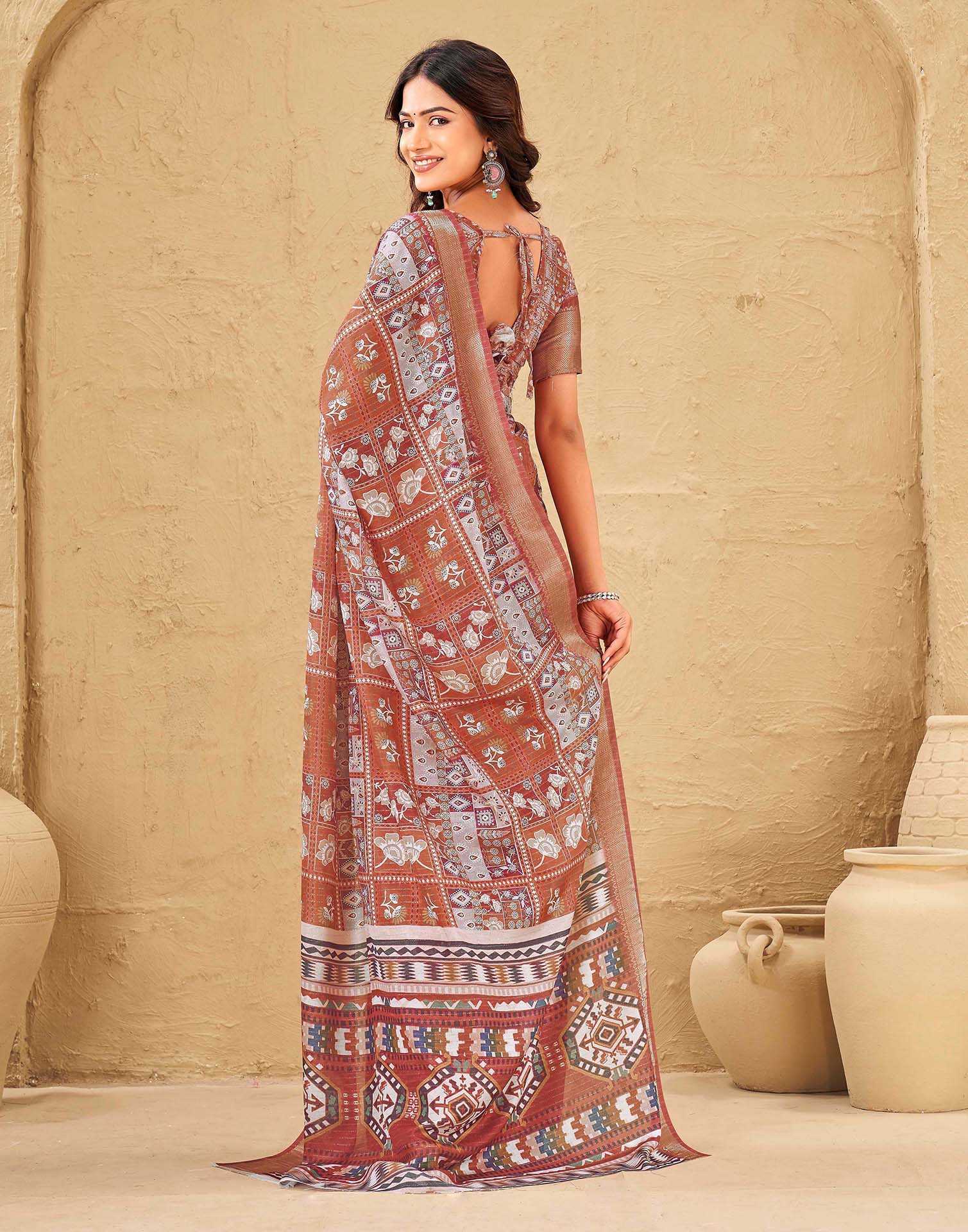 Rust Silk Printed Woven Border Saree