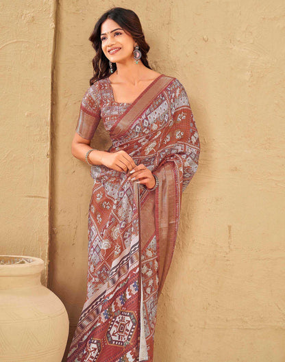 Rust Silk Printed Woven Border Saree