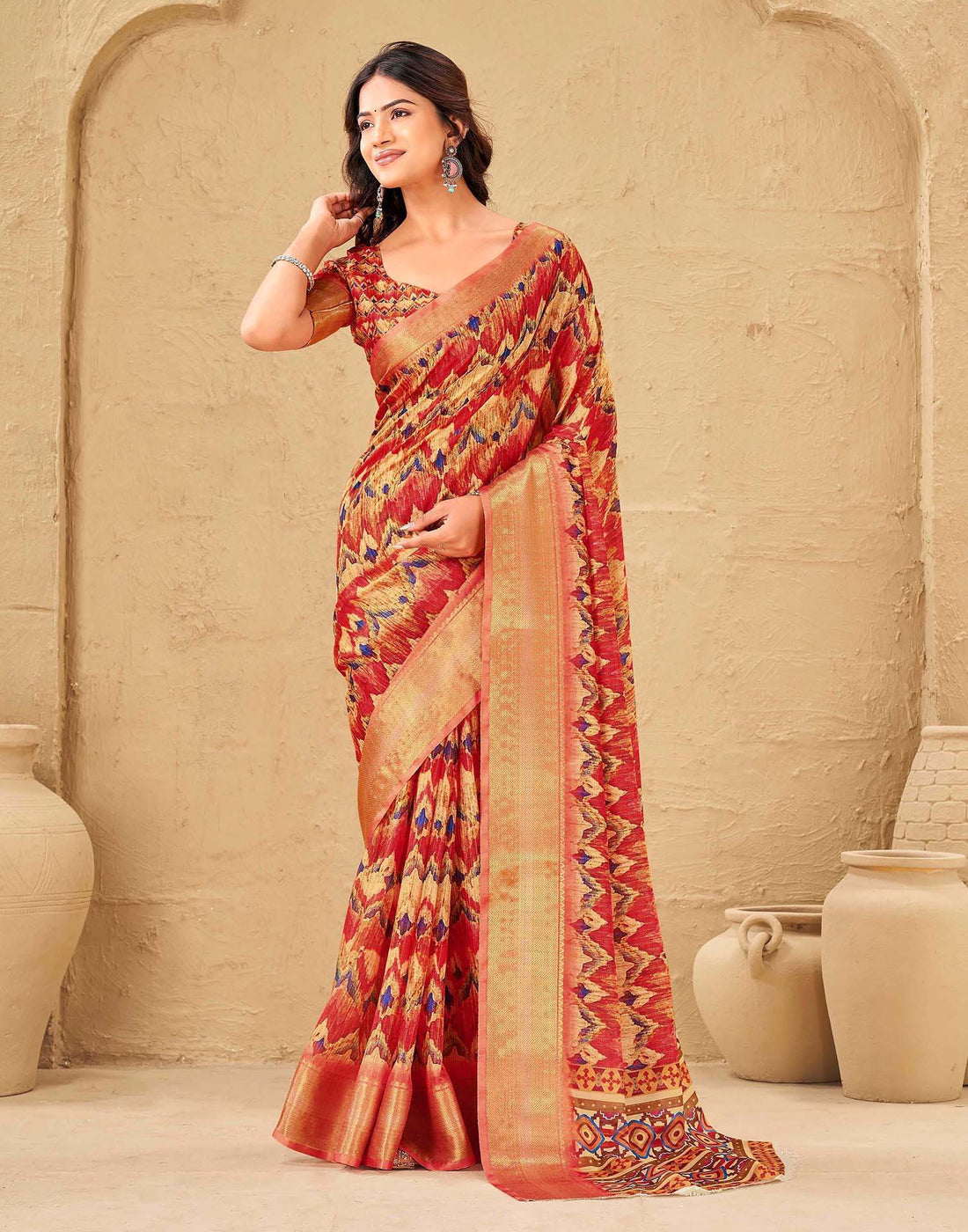 Coral Red Silk Printed Woven Border Saree