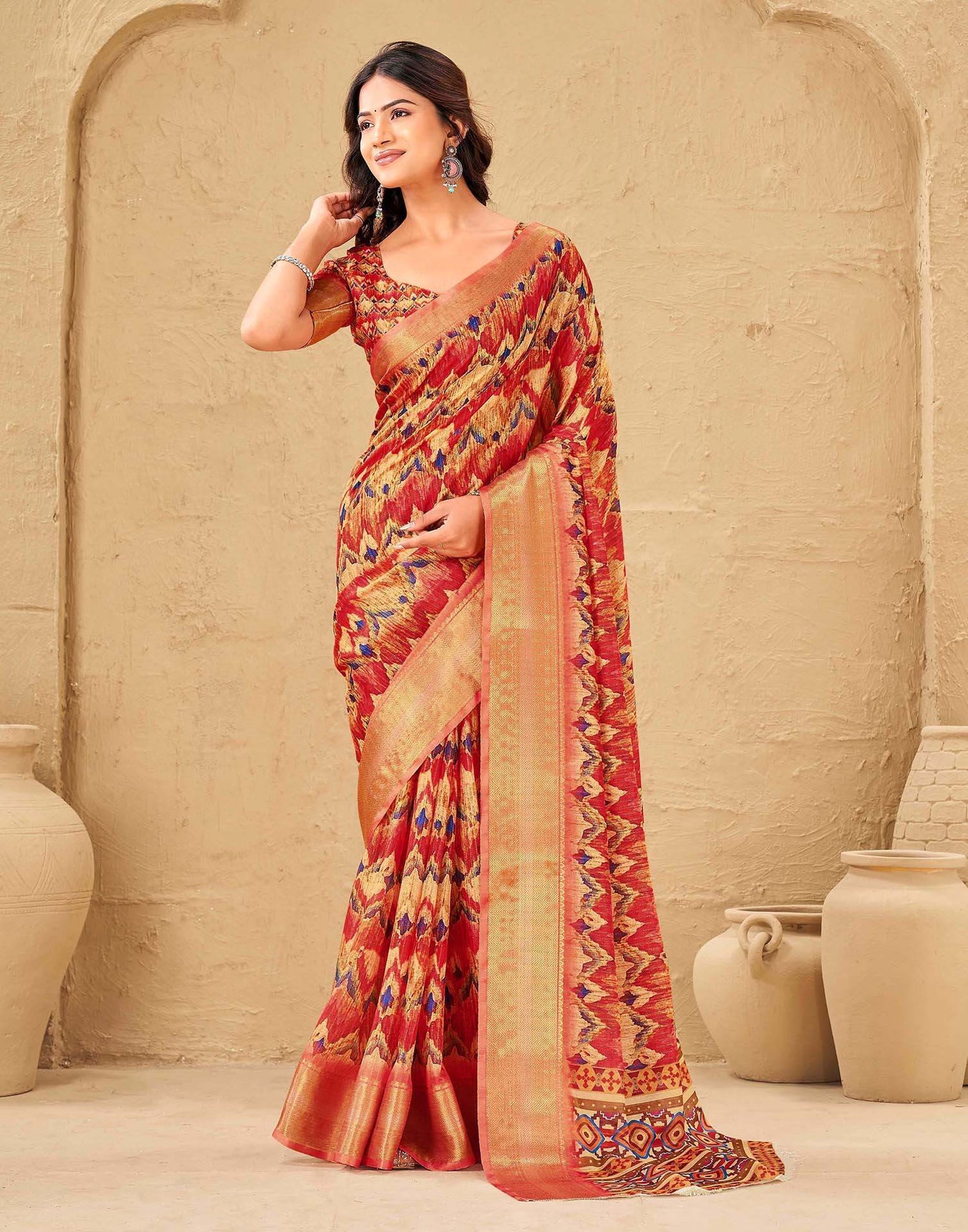 Coral Red Silk Printed Woven Border Saree
